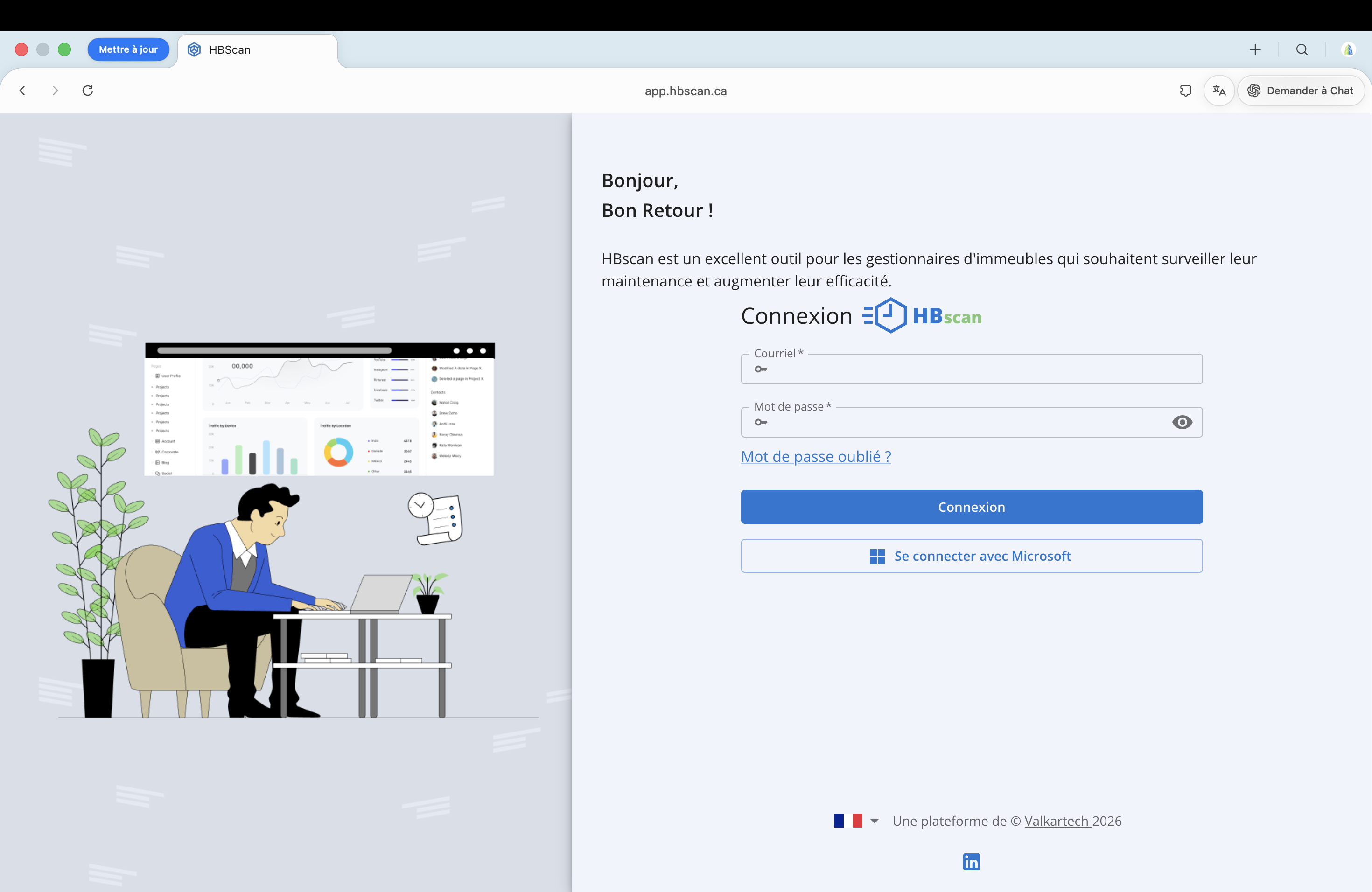 Capture: page de connexion du portail HBscan Web (app.hbscan.ca) — illustration de gauche, titre « Bonjour, Bon Retour ! », champs Courriel et Mot de passe, lien « Mot de passe oublié ? », boutons Connexion et Se connecter avec Microsoft.