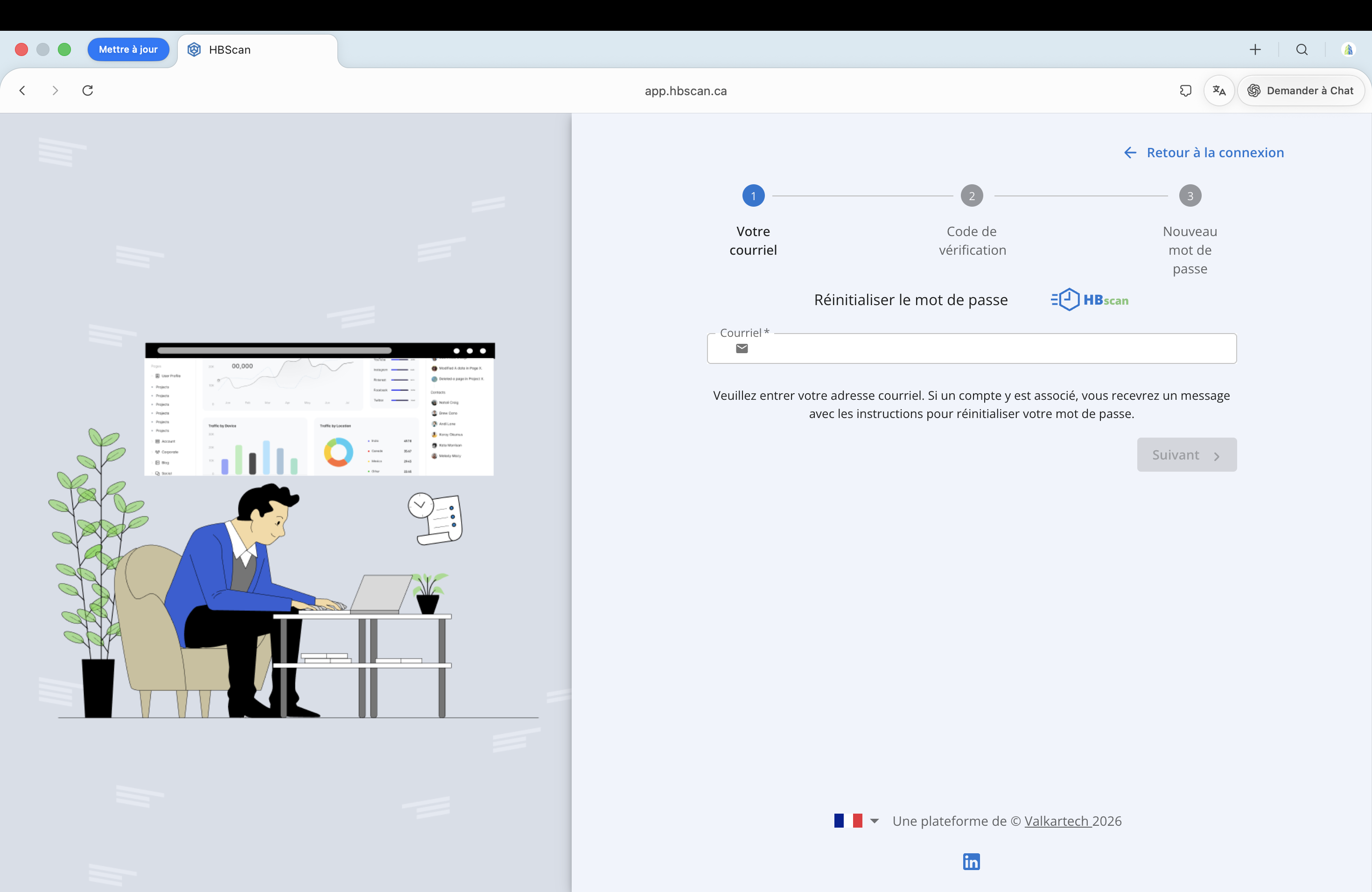 Capture: étape 1 du flux de réinitialisation — barre de progression à 3 étapes (Votre courriel · Code de vérification · Nouveau mot de passe), champ Courriel et bouton Suivant.