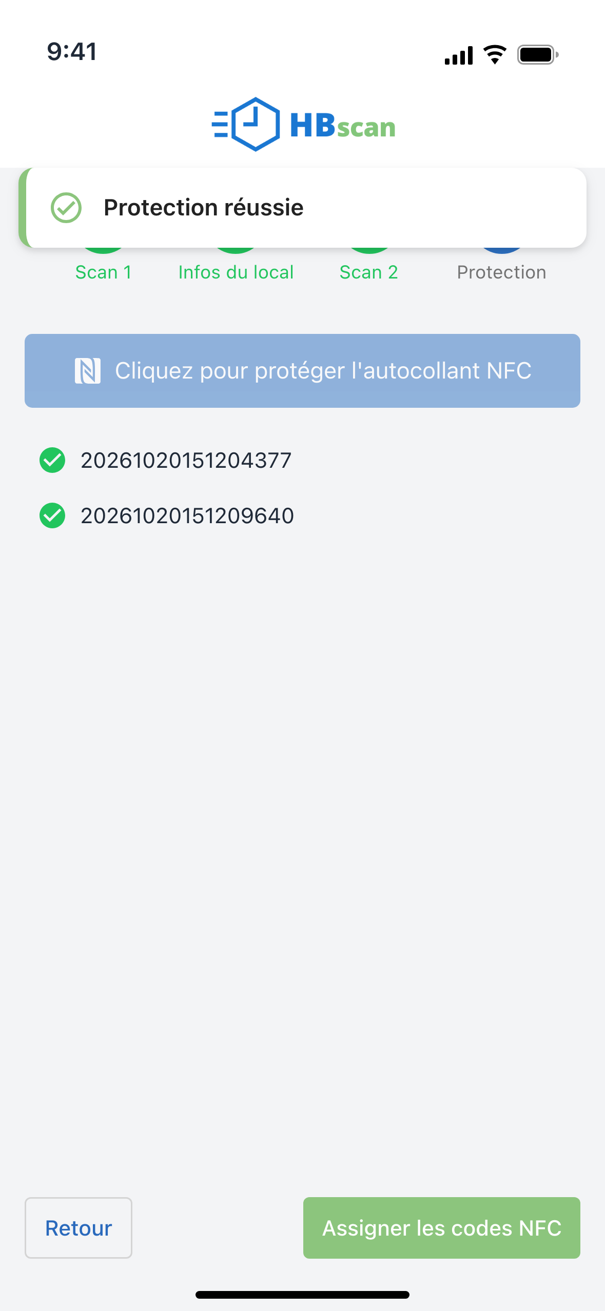 Capture: étape Protection avec deux codes cochés pour le même local, bannière « Protection réussie » et bouton vert « Assigner les codes NFC ».