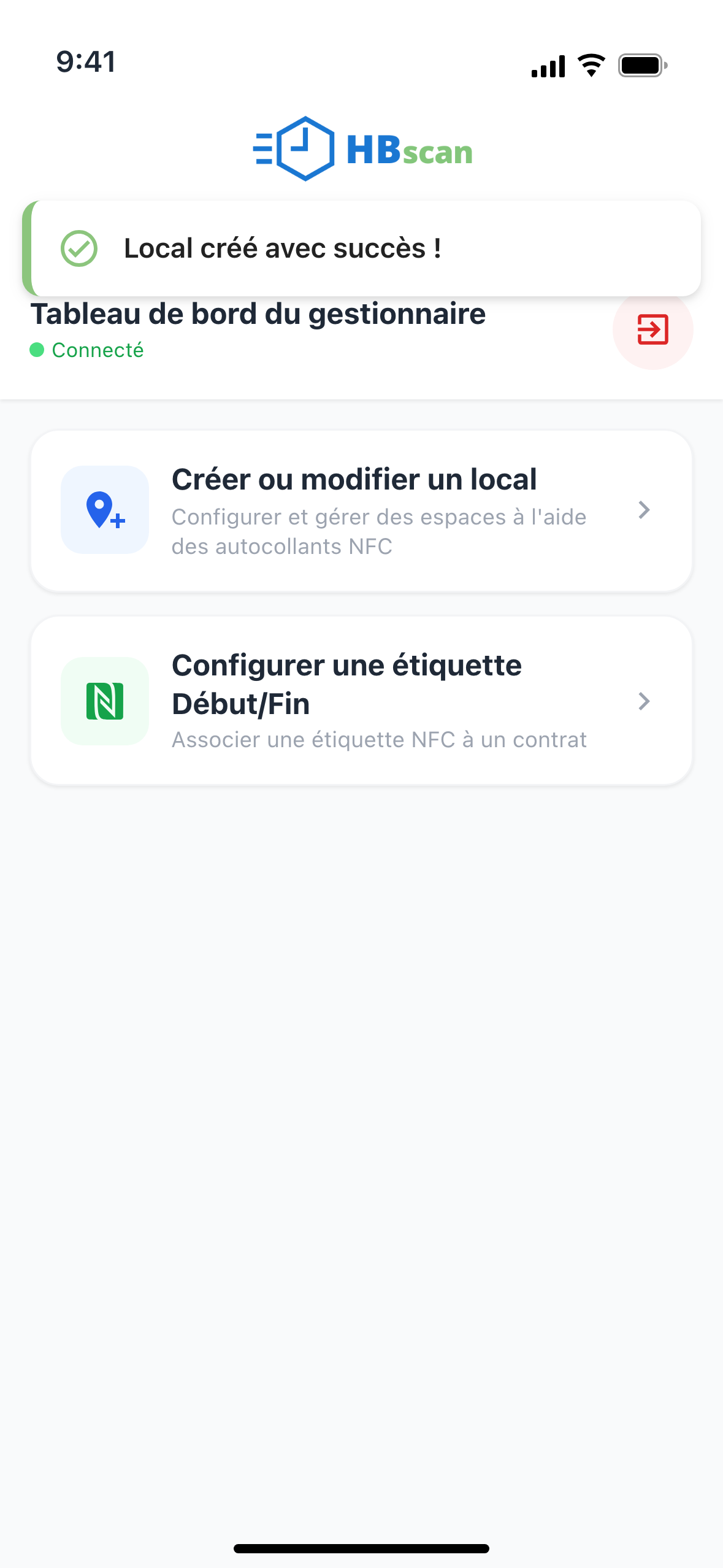 Capture: retour au tableau de bord du gestionnaire avec la bannière « Local créé avec succès ! ».