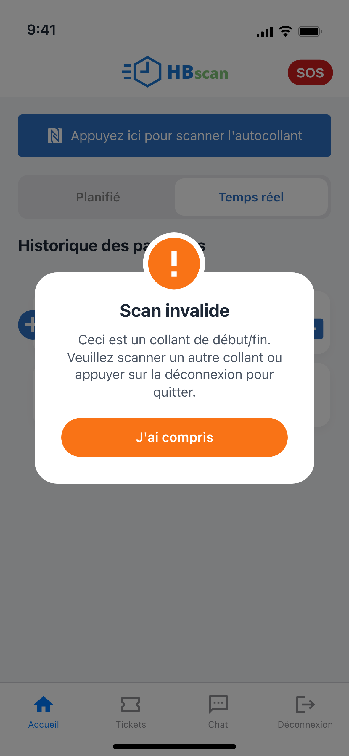 Capture: fenêtre d'erreur orange « Scan invalide » sur la page d'accueil, message « Ceci est un collant de début/fin. Veuillez scanner un autre collant ou appuyer sur la déconnexion pour quitter. » et bouton « J'ai compris ».