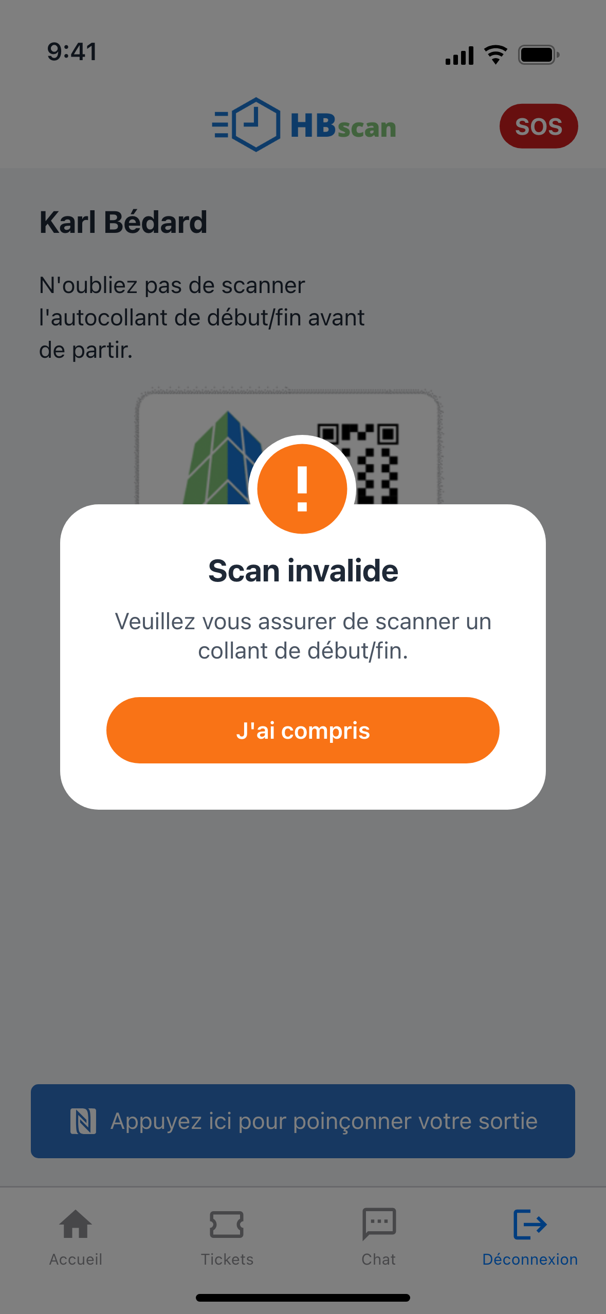 Capture: fenêtre d'erreur orange « Scan invalide » sur l'onglet « Déconnexion », message « Veuillez vous assurer de scanner un collant de début/fin. » et bouton « J'ai compris ».