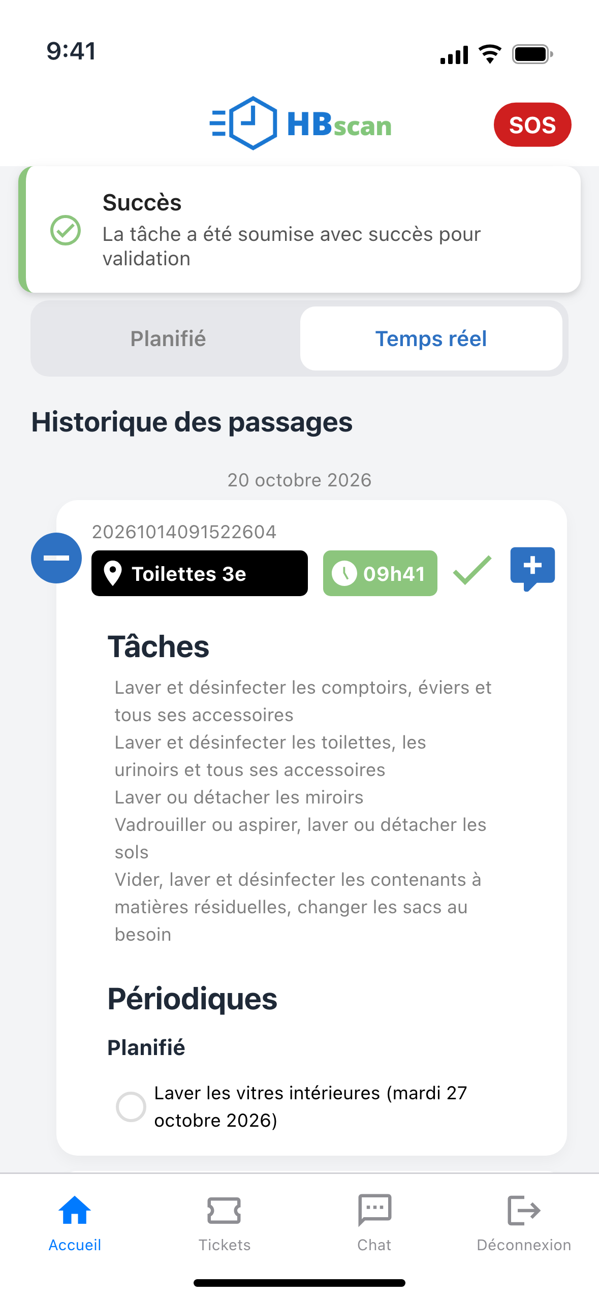 Capture: message vert « Succès » et « La tâche a été soumise avec succès pour validation » en haut de l'écran; sur la carte du local, la rubrique « En retard » a disparu et seul le périodique « Planifié » reste.