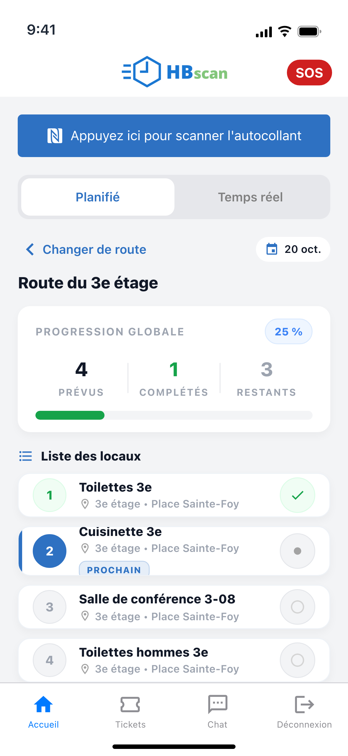 Capture: onglet « Planifié » de la page d'accueil; bouton « Changer de route », route « Route du 3e étage », carte « PROGRESSION GLOBALE » à 25 % avec 4 PRÉVUS, 1 COMPLÉTÉS et 3 RESTANTS, puis la « Liste des locaux » où les Toilettes 3e sont cochées et la Cuisinette 3e porte la mention « PROCHAIN ».