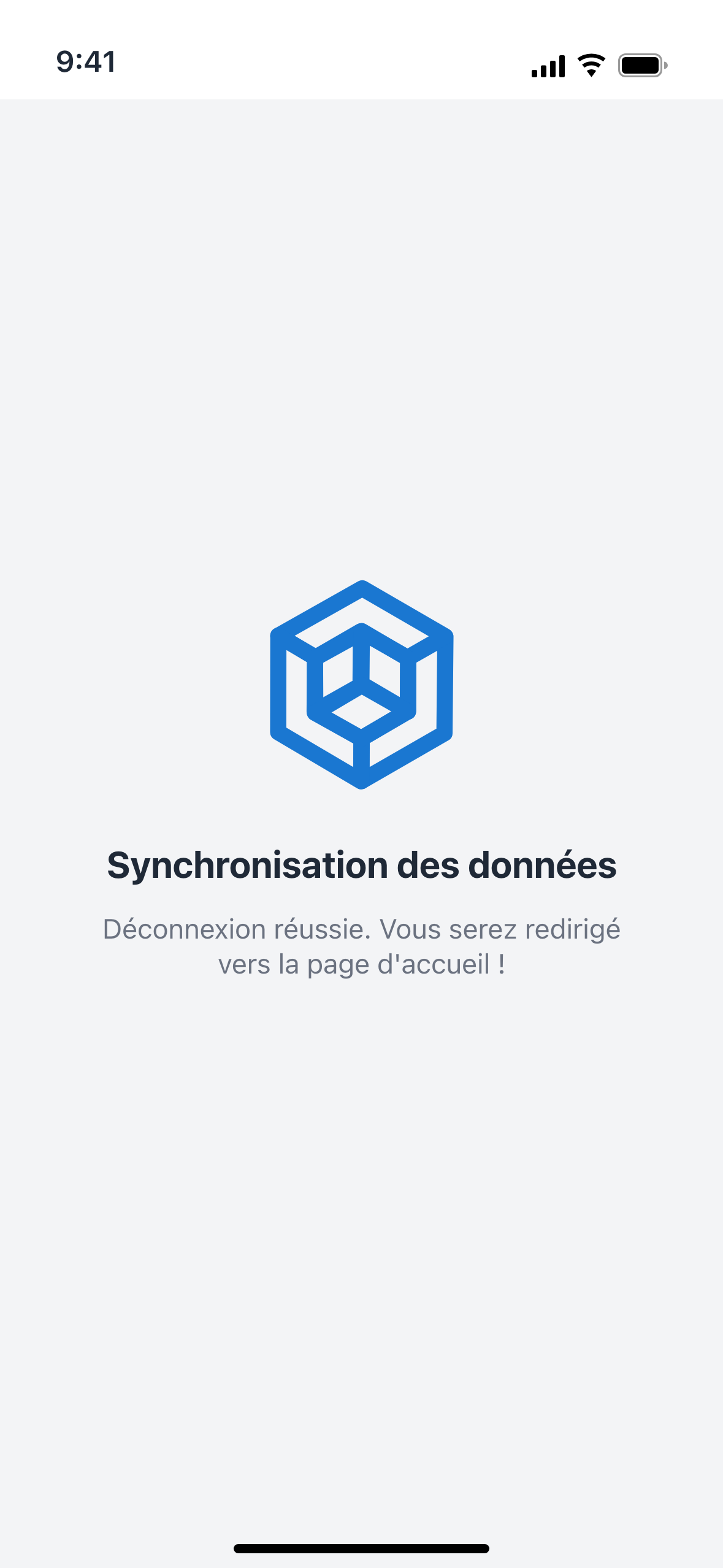 Capture: écran plein « Synchronisation des données » avec le message « Déconnexion réussie. Vous serez redirigé vers la page d'accueil ! » à la fin du poinçon de sortie.
