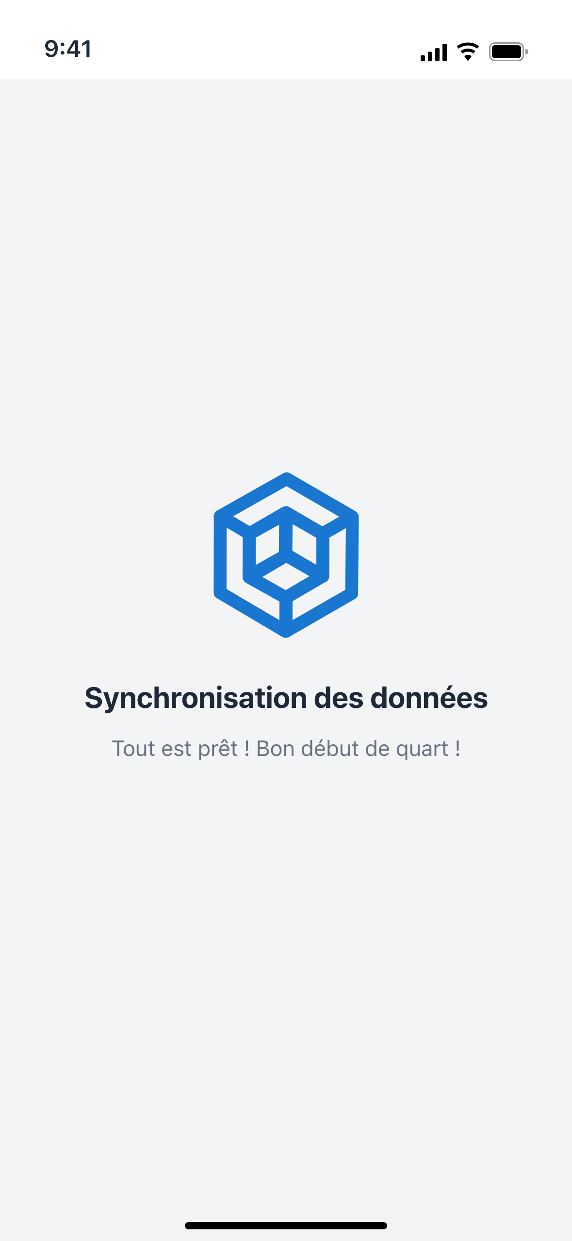 Capture: écran plein « Synchronisation des données » avec l'animation de chargement et le message « Tout est prêt ! Bon début de quart ! » à la fin du poinçon d'entrée.