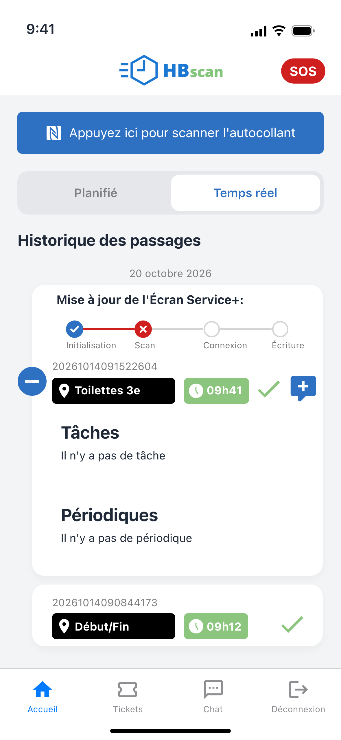 Capture: carte d'historique dont la mise à jour a échoué; Initialisation cochée en bleu, Scan marqué d'une croix rouge, Connexion et Écriture restées grises.