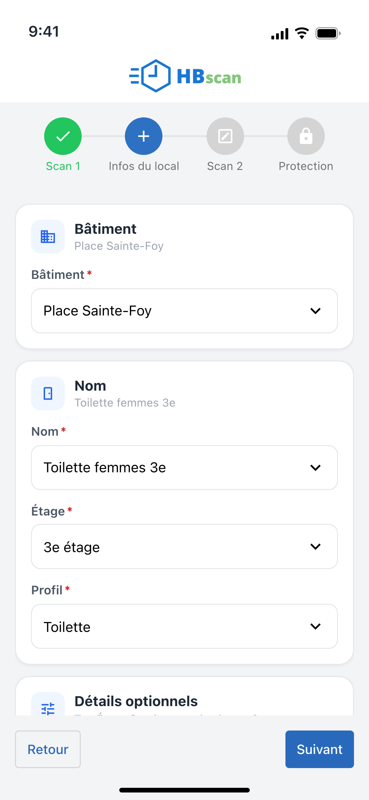 Capture: étape « Infos du local »; Bâtiment Place Sainte-Foy, Nom « Toilette femmes 3e », Étage « 3e étage », Profil « Toilette », début de la section « Détails optionnels » et bouton « Suivant » actif.