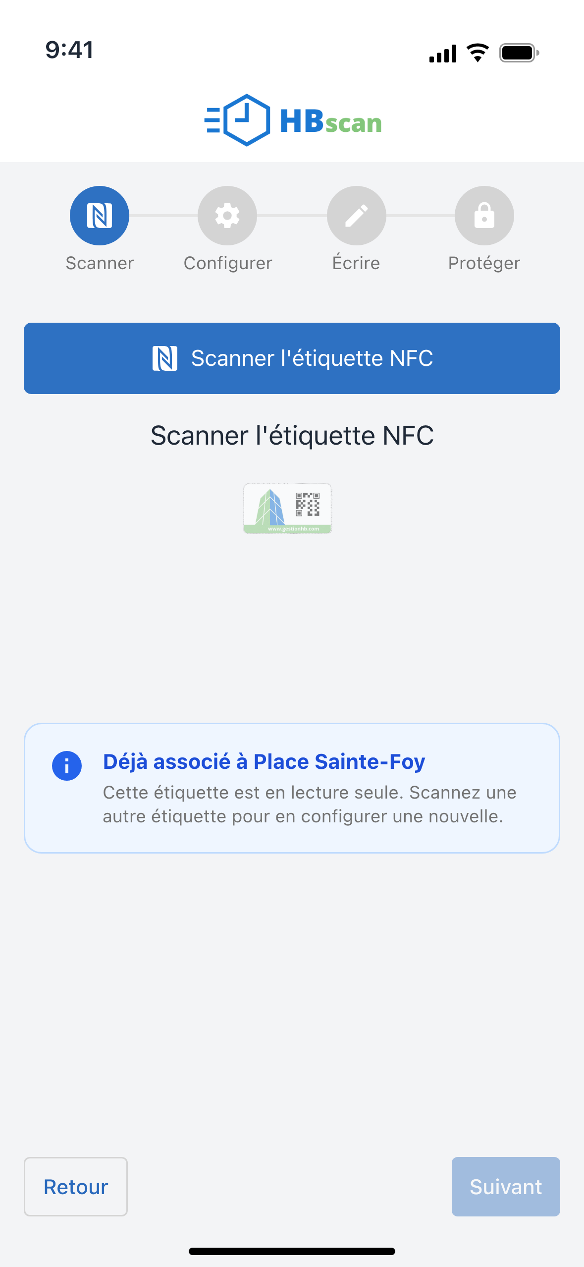 Capture: étape Scanner avec l'encadré bleu « Déjà associé à Place Sainte-Foy » et la mention « Cette étiquette est en lecture seule »; bouton « Suivant » grisé.