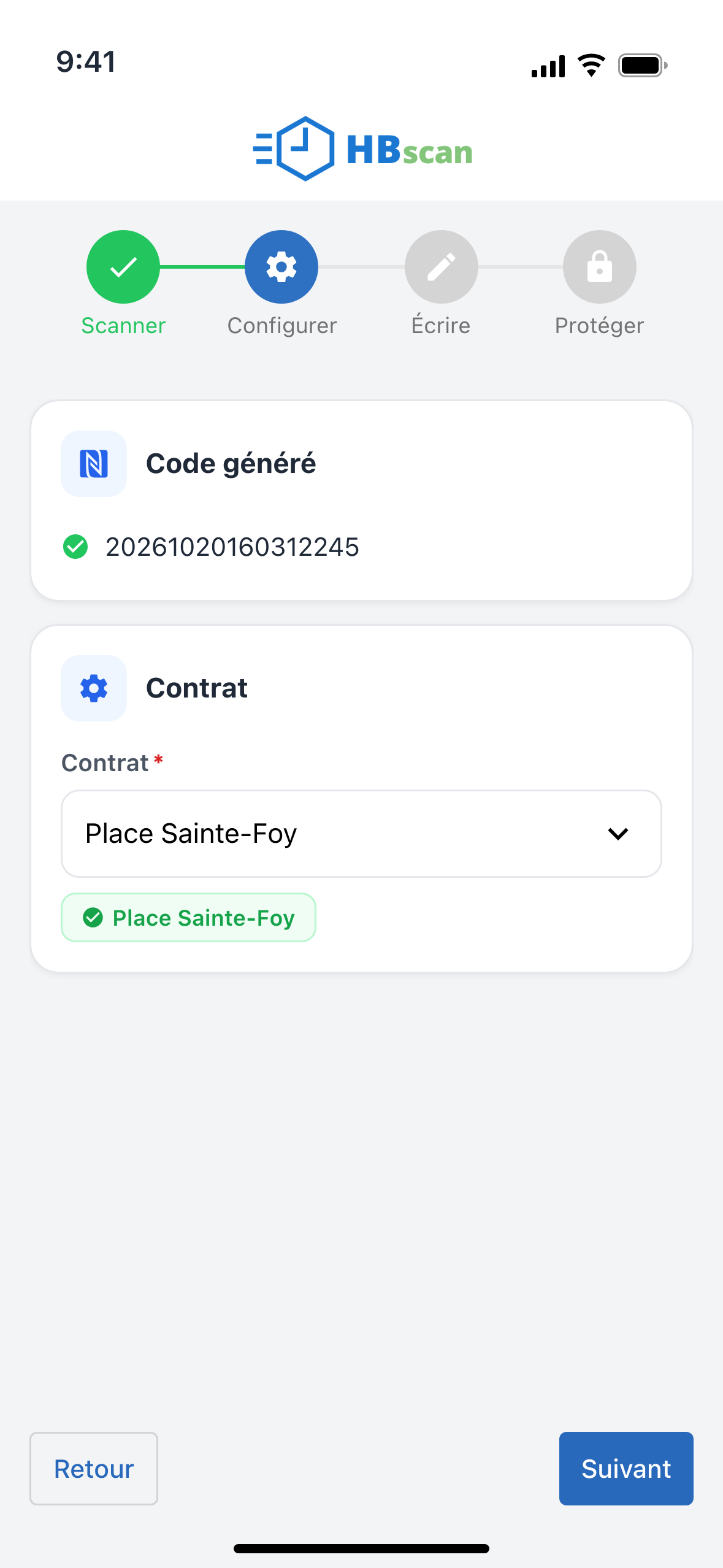 Capture: étape Configurer; carte « Code généré » puis champ Contrat réglé sur « Place Sainte-Foy » avec l'étiquette verte de confirmation.