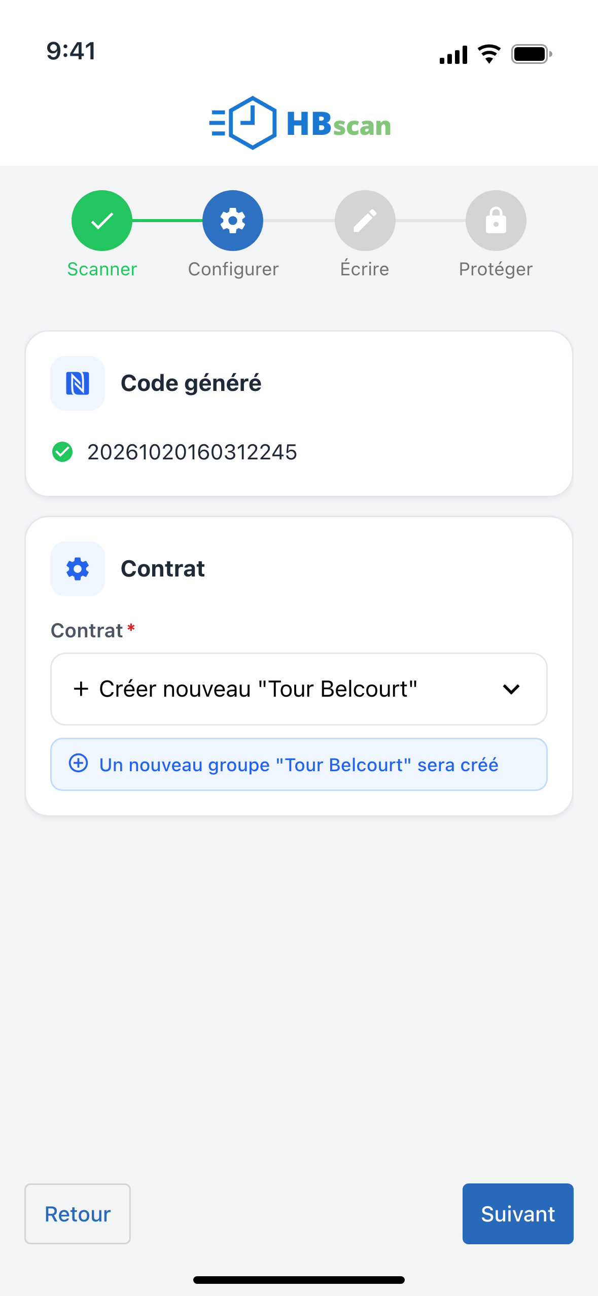 Capture: étape Configurer avec « ＋ Créer nouveau Tour Belcourt » dans le champ Contrat et le message bleu annonçant la création du contrat « Tour Belcourt ».