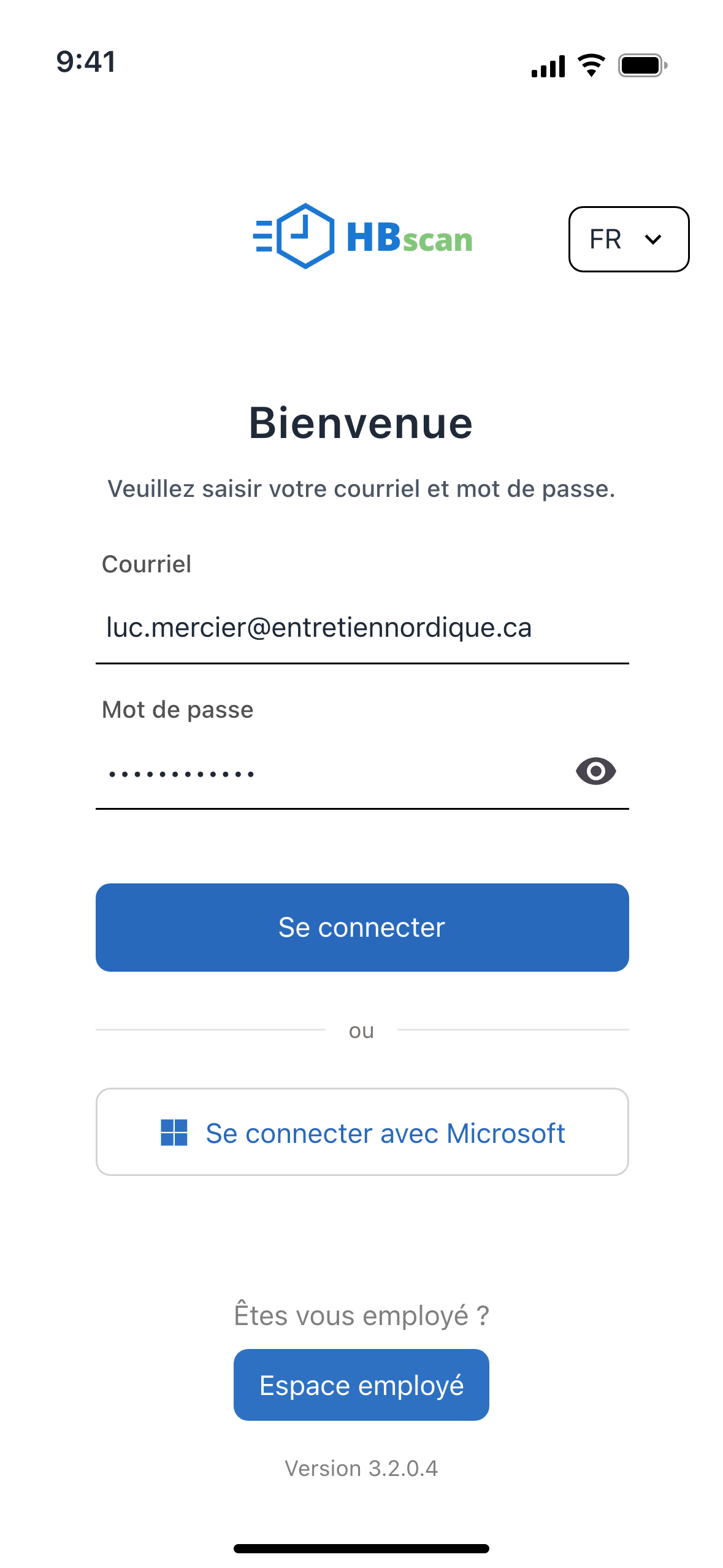 Capture: écran de connexion de l'espace gestionnaire HBscan 3.2; « Bienvenue », champs Courriel et Mot de passe remplis, bouton « Se connecter », séparateur « ou », bouton « Se connecter avec Microsoft » et lien « Espace employé ».