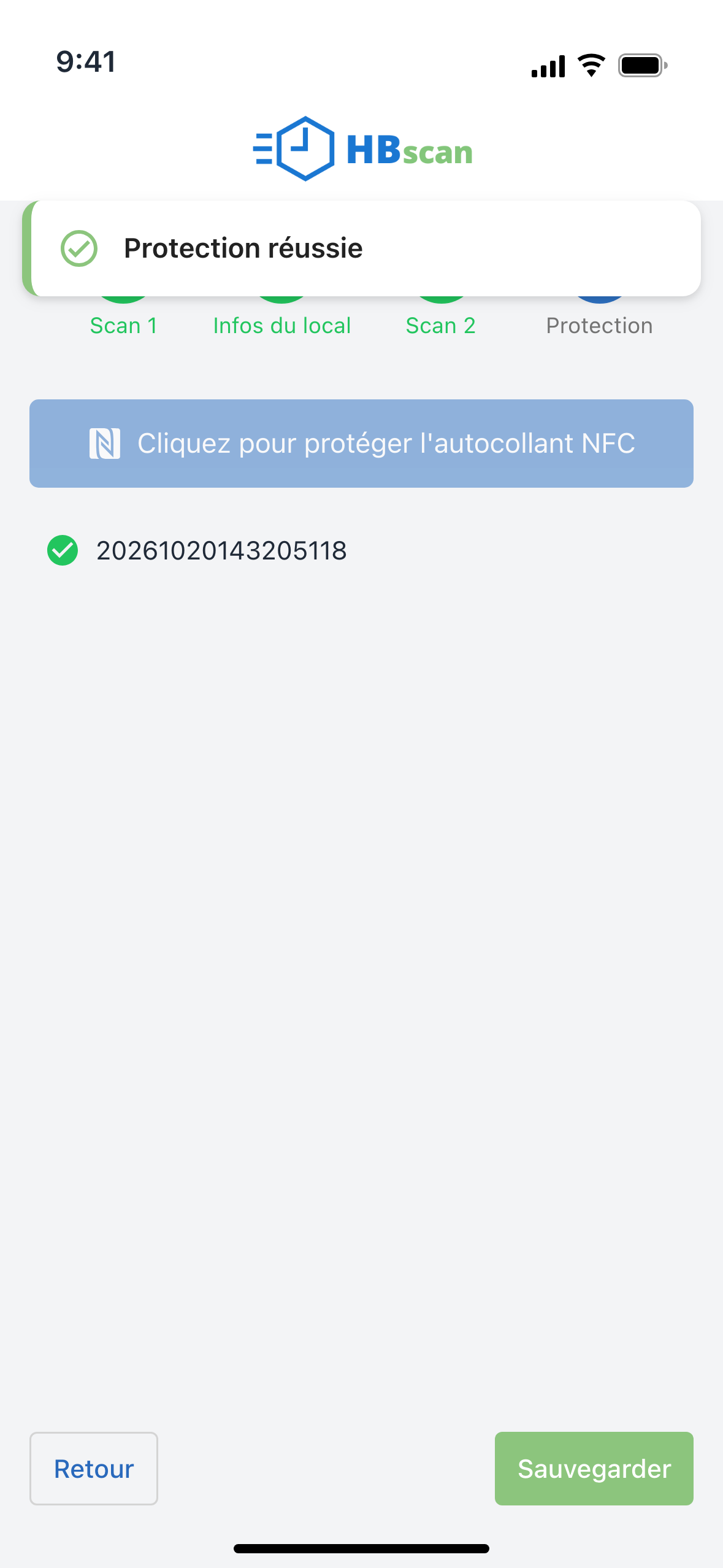 Capture: étape Protection terminée; bannière « Protection réussie », bouton « Cliquez pour protéger l'autocollant NFC » grisé, code coché en vert et bouton vert « Sauvegarder ».