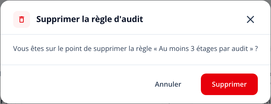 Capture : fenêtre « Supprimer la règle d'audit » demandant confirmation, boutons Annuler et Supprimer.
