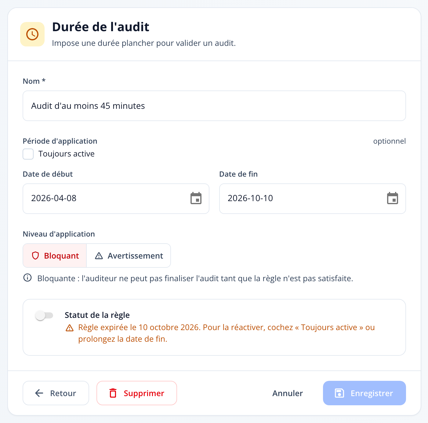 Capture : étape « Application » d'une règle expirée; interrupteur de statut verrouillé avec la mention « Règle expirée le … ».