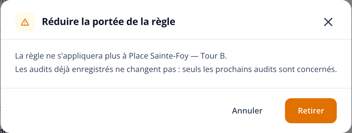 Capture : fenêtre « Réduire la portée de la règle » avec le message sur les audits déjà enregistrés et les boutons Annuler et Retirer.
