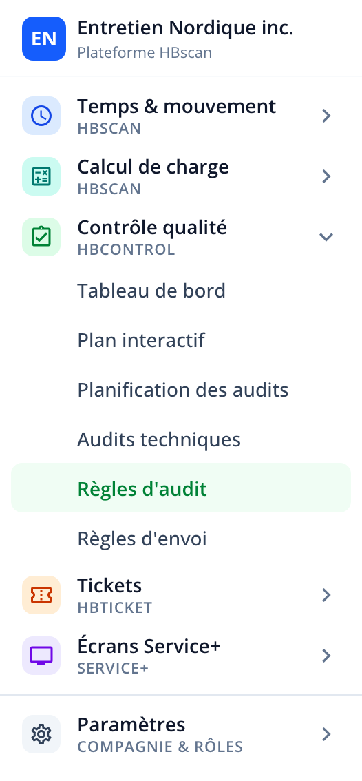 Capture: barre latérale du portail, module Contrôle qualité déplié avec la section Règles d'audit surlignée.