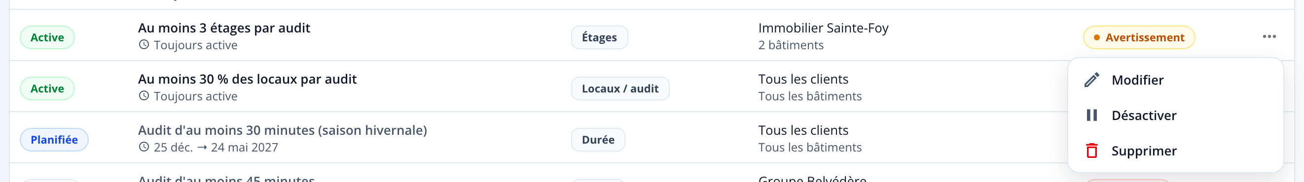 Capture : menu d'actions d'une règle avec les entrées « Modifier », « Désactiver » et « Supprimer ».