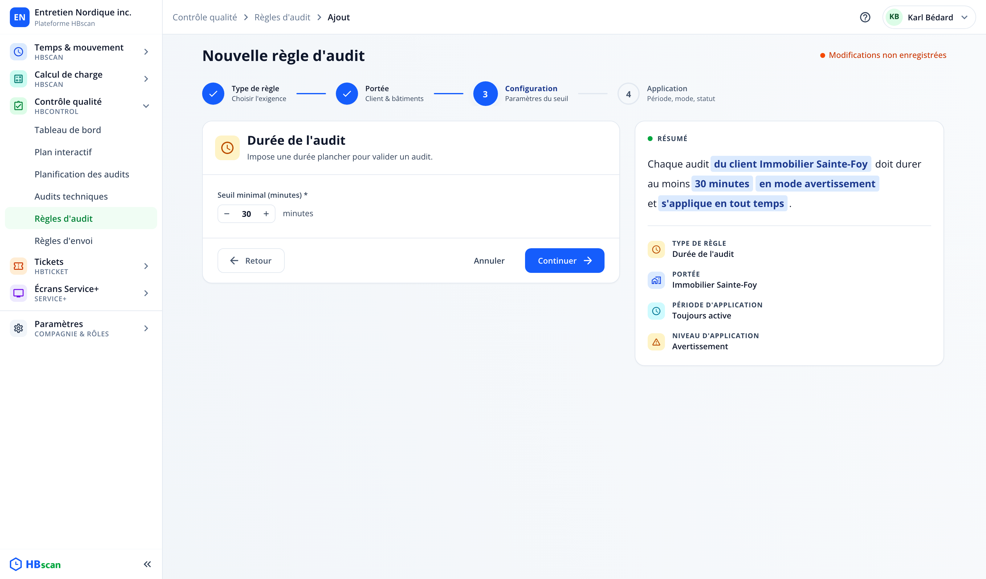 Capture : étape 3 pour une règle « Durée de l'audit »; champ « Seuil minimal (minutes) ».