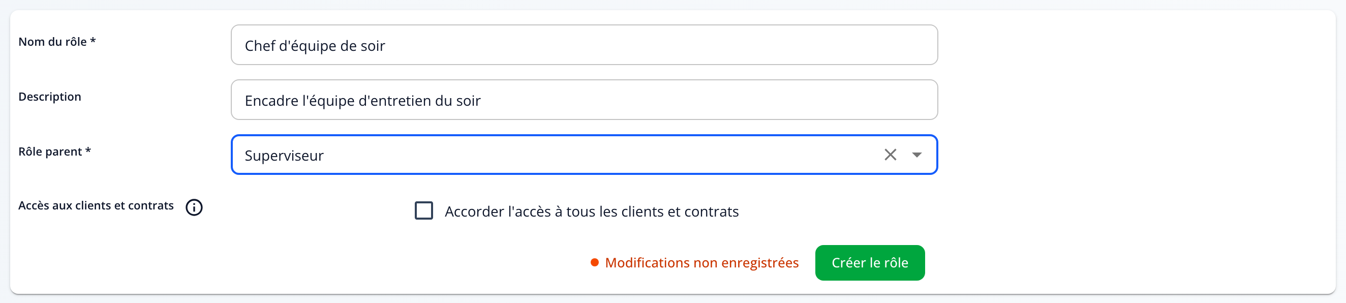 Capture : formulaire d'ajout rempli; Chef d'équipe de soir, sa description et le rôle parent Superviseur.
