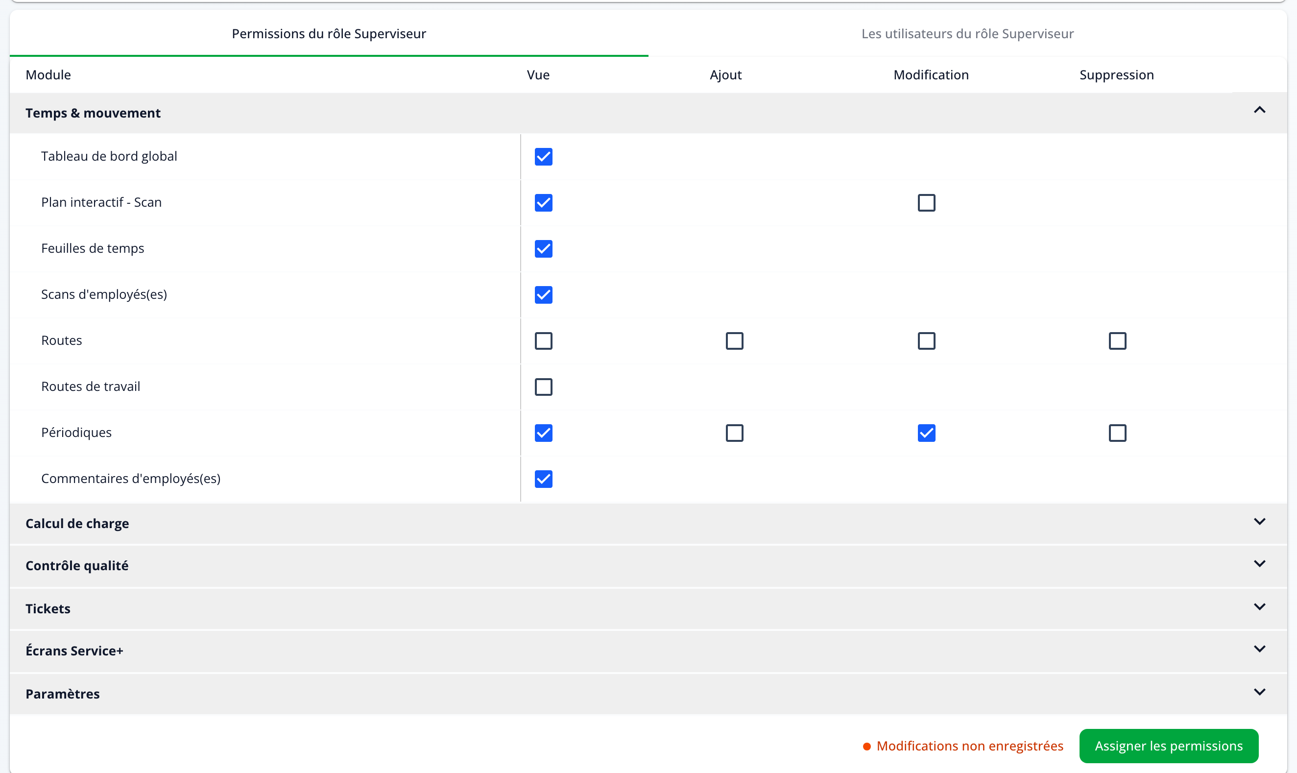 Capture : catégorie Temps & mouvement dépliée; cases Vue, Ajout, Modification et Suppression par module, mention « Modifications non enregistrées » et bouton « Assigner les permissions ».