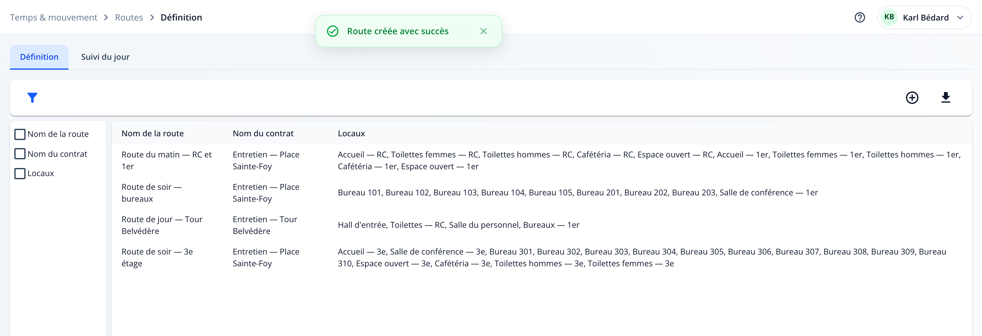 Capture : message « Route créée avec succès » au-dessus de la liste des routes, qui compte la Route de soir — 3e étage.
