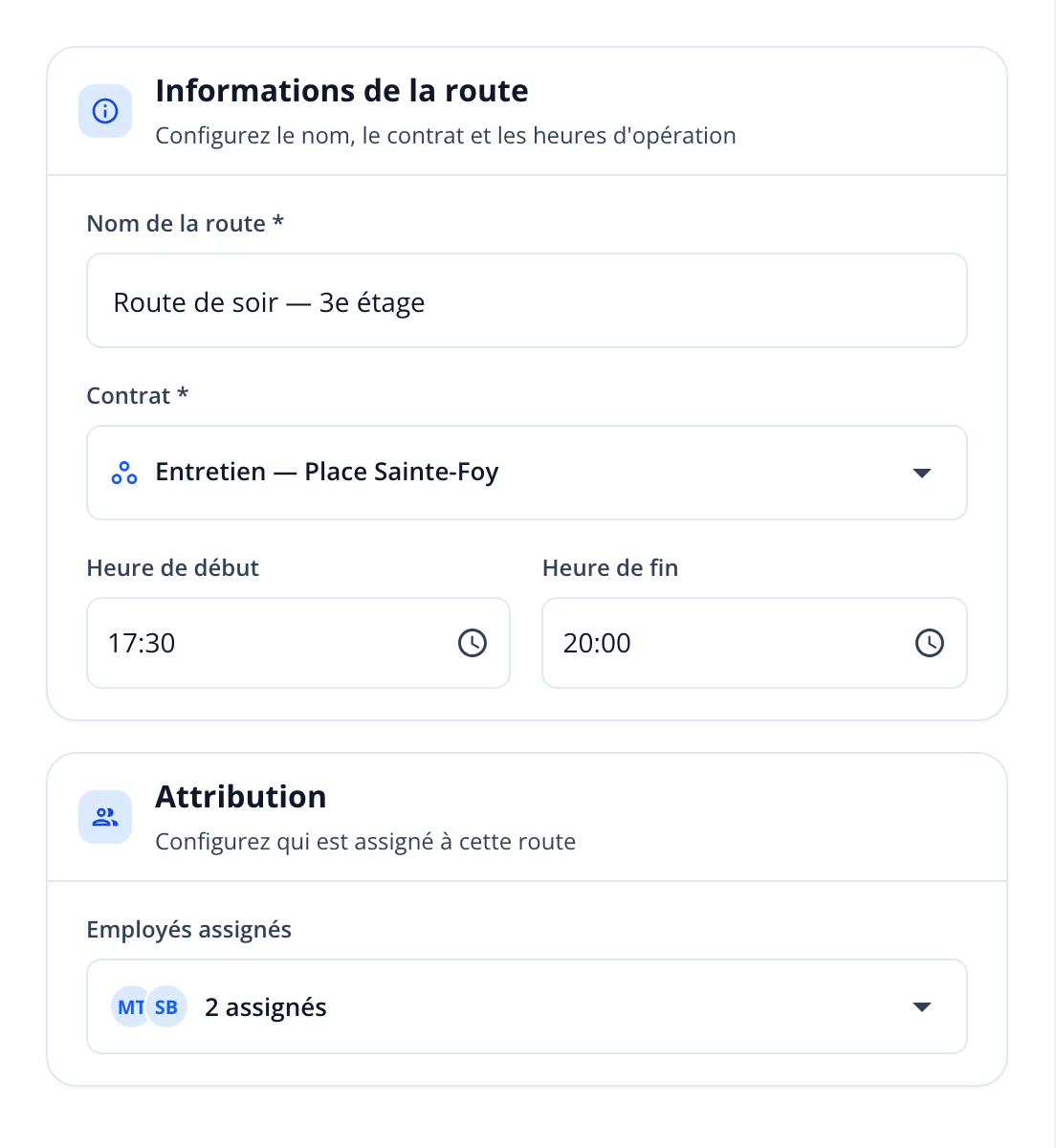 Capture : colonne de gauche remplie; Route de soir — 3e étage, contrat Entretien — Place Sainte-Foy, heures 17:30 et 20:00, deux employés assignés.