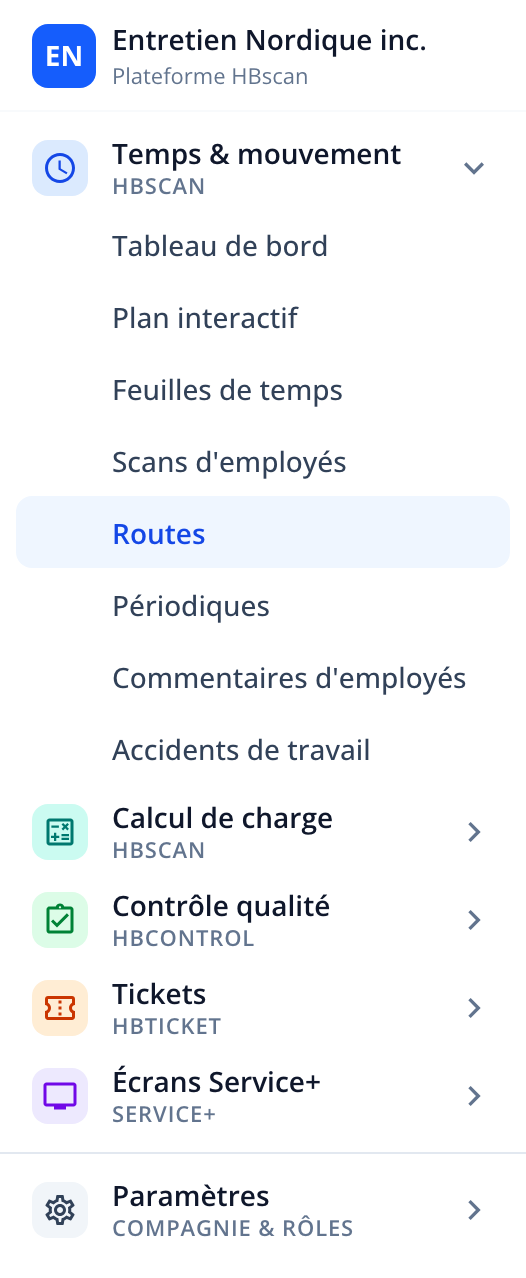 Capture : barre latérale du portail, Temps & mouvement déplié avec la section Routes surlignée.