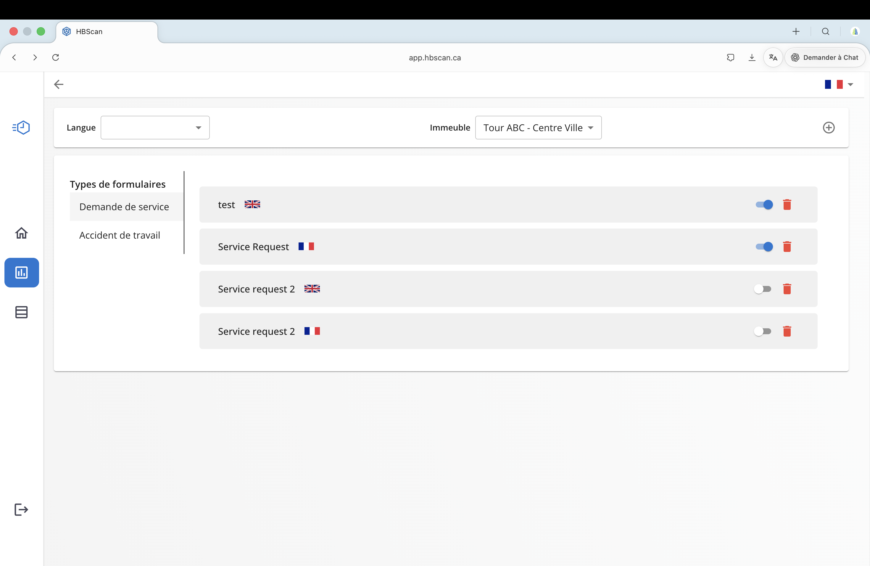 Capture: page « Modèles de formulaires » du portail HBscan Web — barre latérale Types de formulaires (Demande de service, Accident de travail) et liste des formulaires existants pour l'immeuble sélectionné, avec interrupteur d'activation et bouton supprimer.