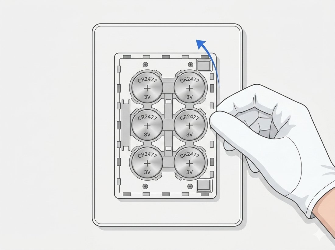 Illustration : main gantée retirant une pile bouton CR2477 du compartiment batterie ouvert.