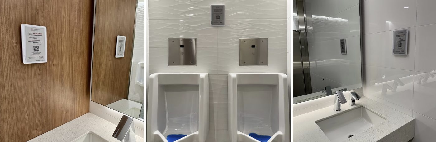 Trois exemples d'installation Service+ dans des espaces sanitaires publics : à côté d'un miroir, entre deux urinoirs et au-dessus d'un lavabo.