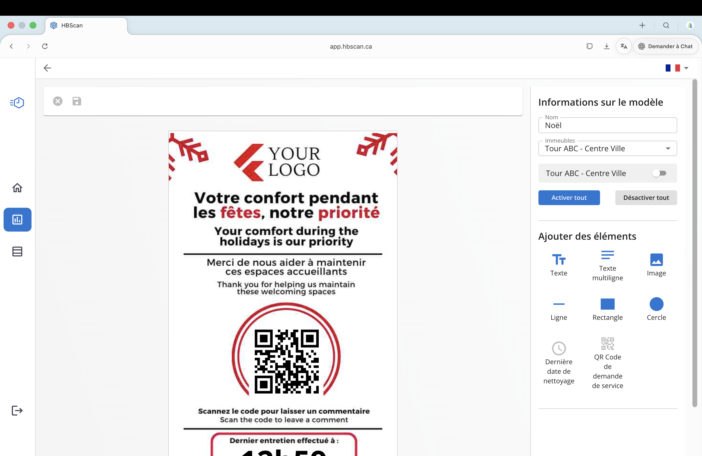 Capture: éditeur de modèle Service+ avec canevas central, panneau « Informations sur le modèle » et palette « Ajouter des éléments » (Texte, Image, Ligne, Rectangle, Cercle, Dernière date de nettoyage, QR Code de demande de service).