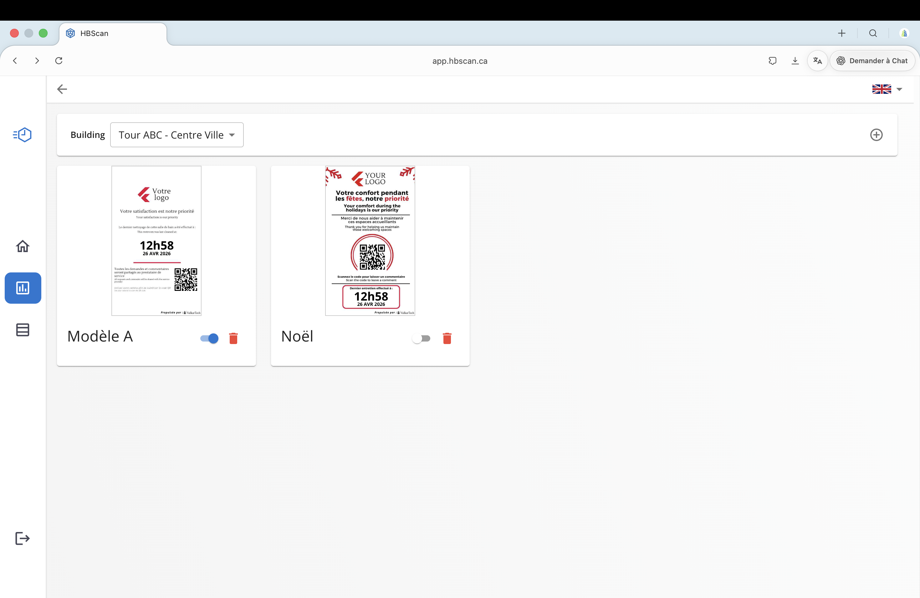 Capture: page « Modèles » du portail HBscan Web — liste des modèles d'écran Service+ pour un immeuble avec aperçu, interrupteur d'activation et bouton supprimer.