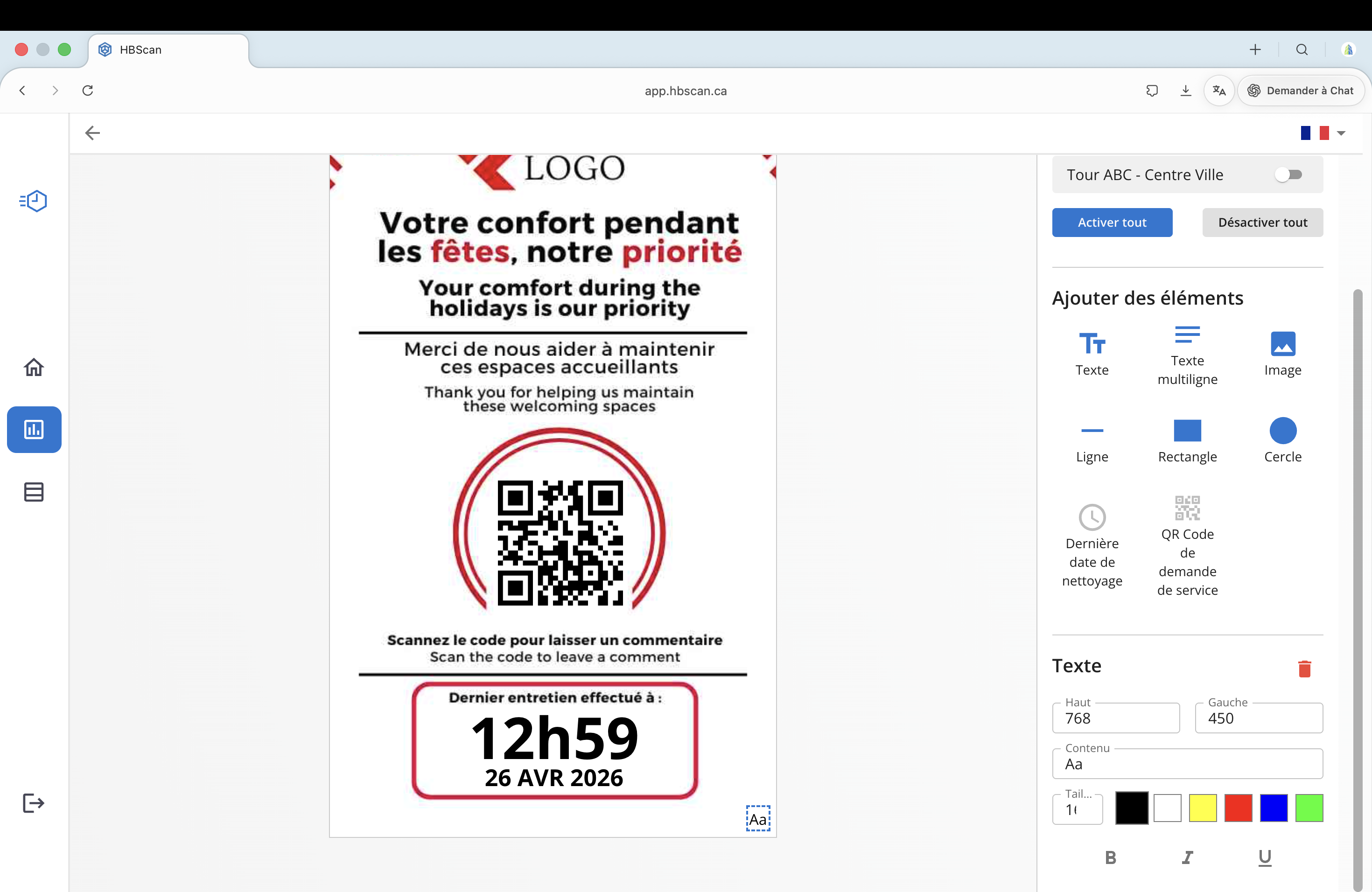 Capture: panneau de propriétés du texte avec contrôles de police (taille, couleur, gras, italique, souligné) et coordonnées de position.
