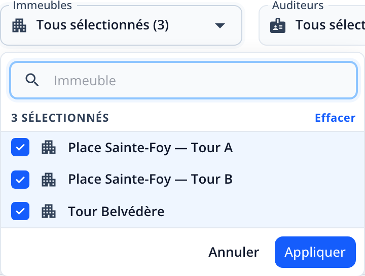 Capture : filtre « Immeubles » ouvert; champ de recherche, « 3 sélectionnés », lien Effacer, trois immeubles cochés et boutons Annuler et Appliquer.