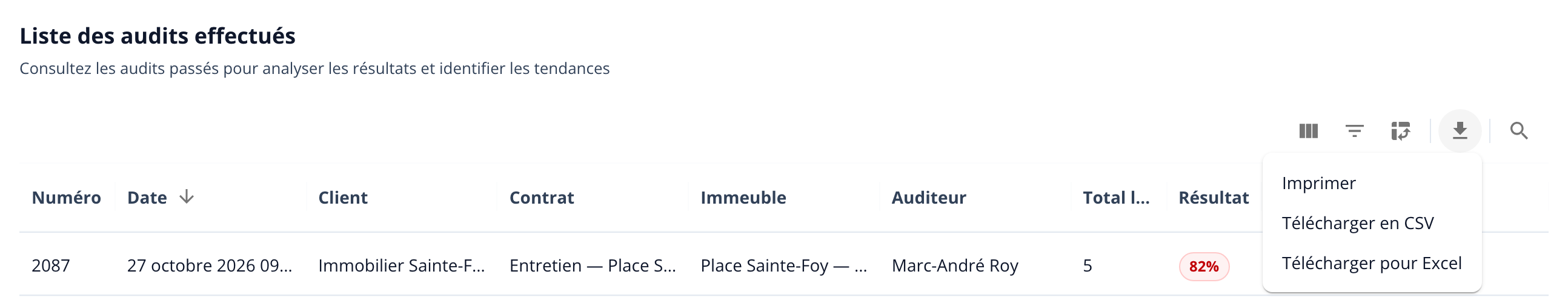 Capture : liste des audits avec le menu de l'icône Exporter ouvert; choix Imprimer, Télécharger en CSV et Télécharger pour Excel.