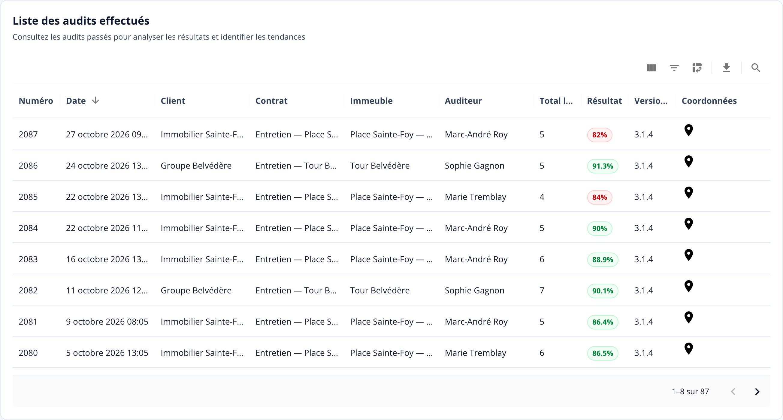 Capture : widget « Liste des audits effectués »; colonnes Numéro, Date, Client, Contrat, Immeuble, Auditeur, Total locaux, Résultat en pastille verte ou rouge, Version de l'app et Coordonnées.