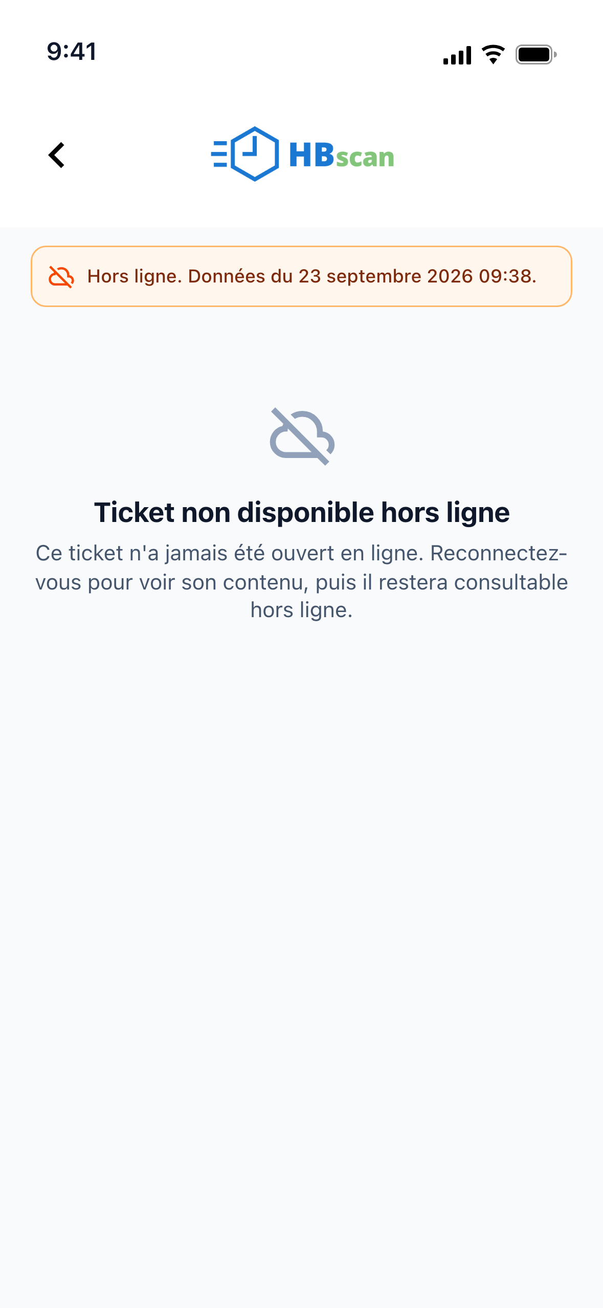 Capture: écran « Ticket non disponible hors ligne » avec la bannière orange, l'icône de nuage barré et le texte invitant à se reconnecter pour voir le contenu du ticket.