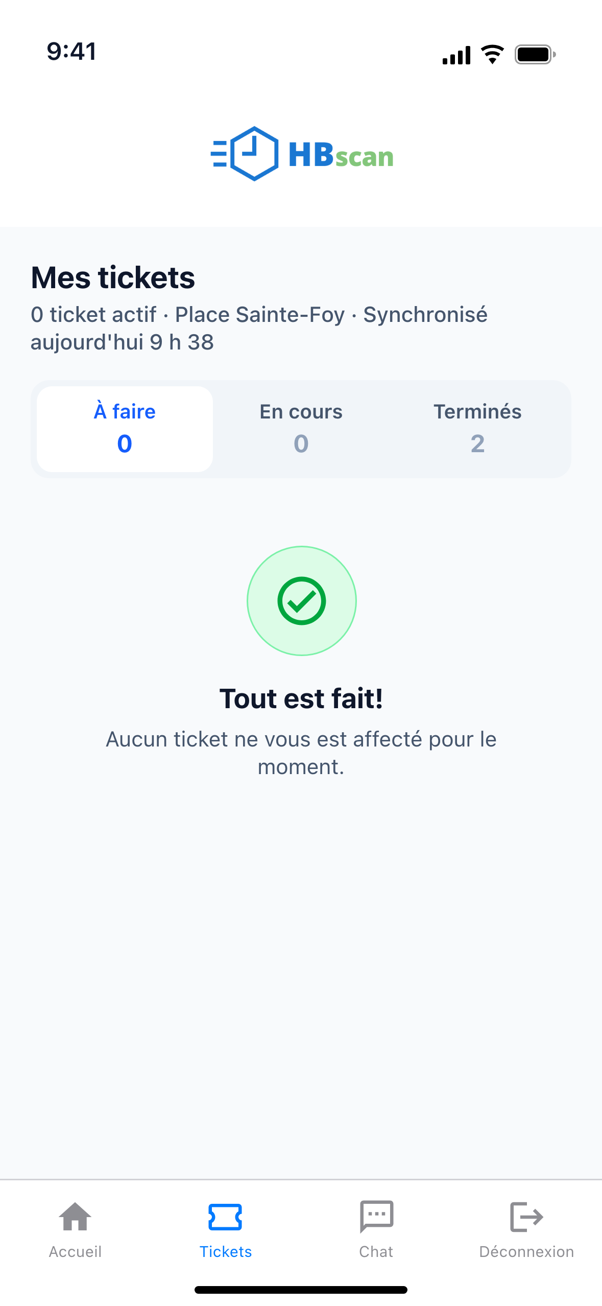 Capture: état vide de l'onglet Tickets; icône de coche verte, titre « Tout est fait! » et sous-titre « Aucun ticket ne vous est affecté pour le moment. », les compteurs À faire et En cours à zéro et Terminés à 2.