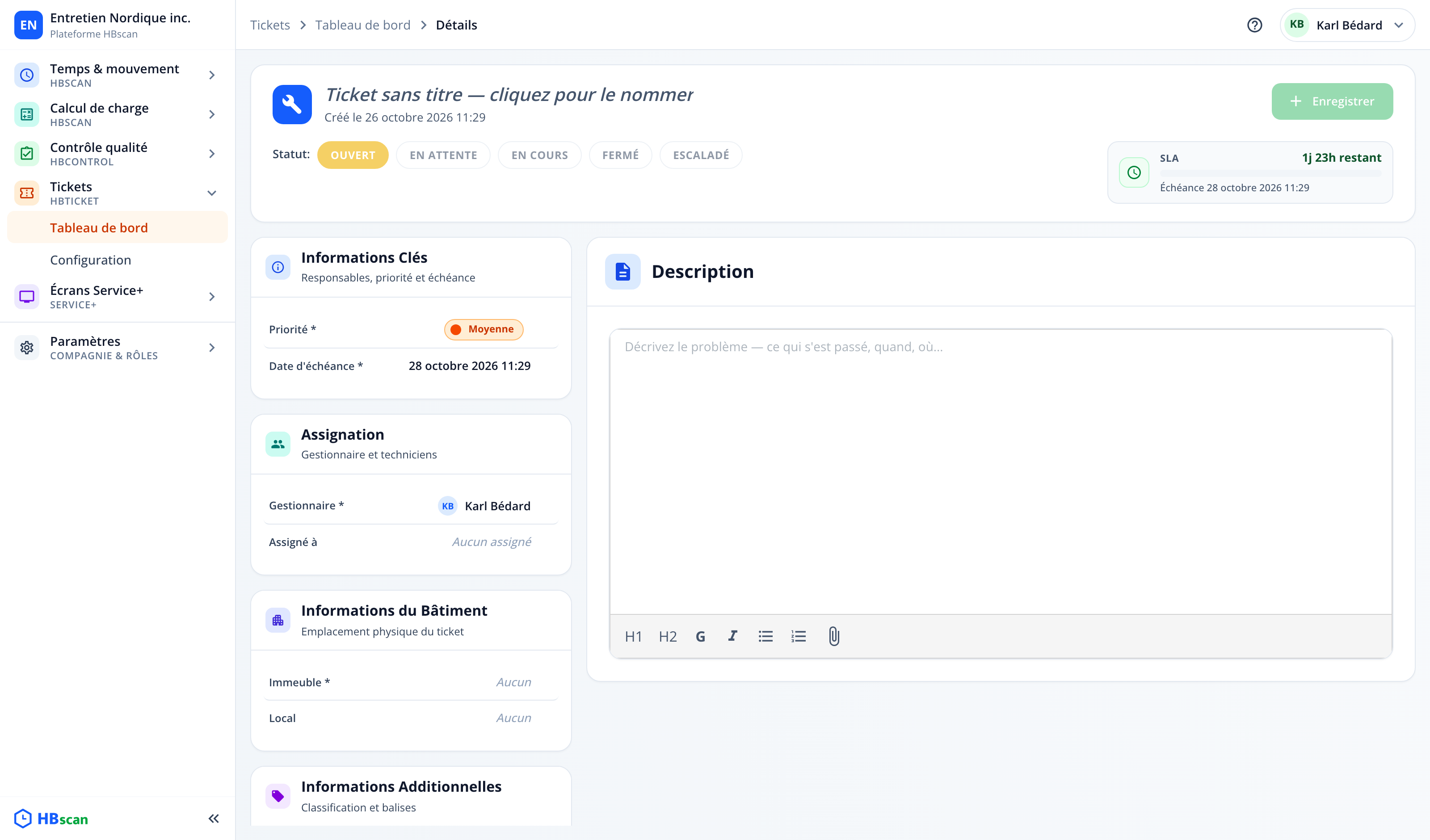 Capture: page de création d'un ticket; fiche vierge avec sections Informations Clés, Assignation, Informations du Bâtiment, Informations Additionnelles, zone Description et bouton « Enregistrer » désactivé.