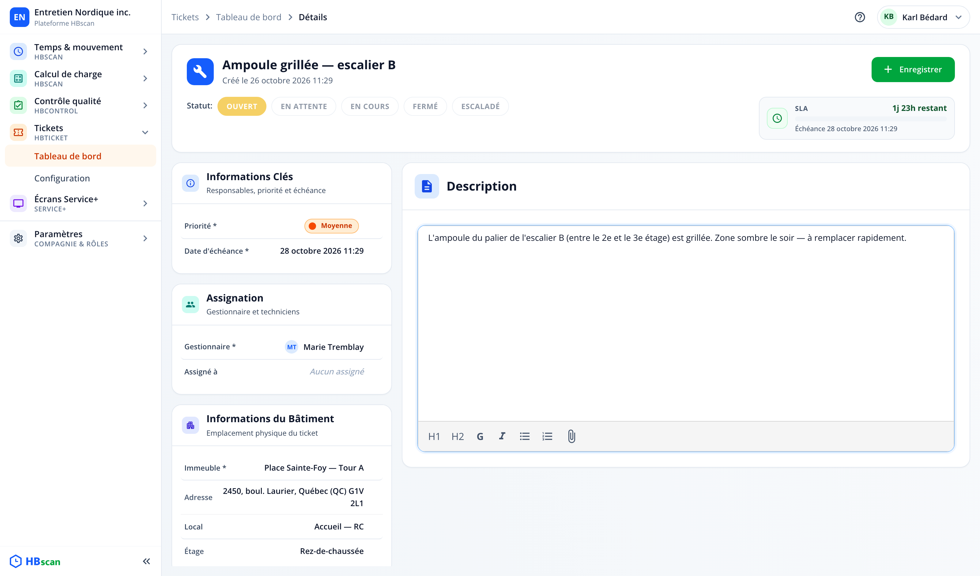 Capture: page de création remplie; titre « Ampoule grillée — escalier B », description saisie, immeuble, local et type choisis, gestionnaire par défaut appliqué, bouton « Enregistrer » actif.