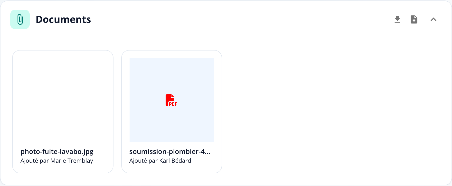 Capture: section « Documents »; fichiers joints au ticket (photo, PDF) avec zone de glisser-déposer.