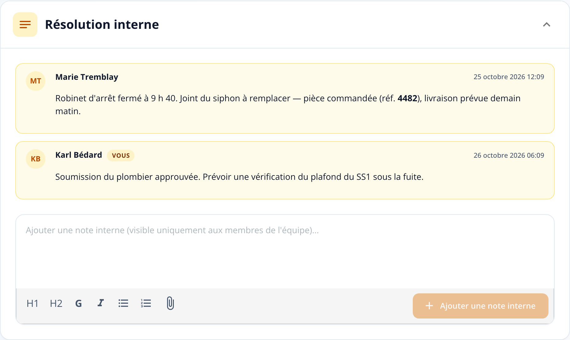 Capture: section « Résolution interne »; notes internes horodatées et éditeur « Ajouter une note interne (visible uniquement aux membres de l'équipe)... ».
