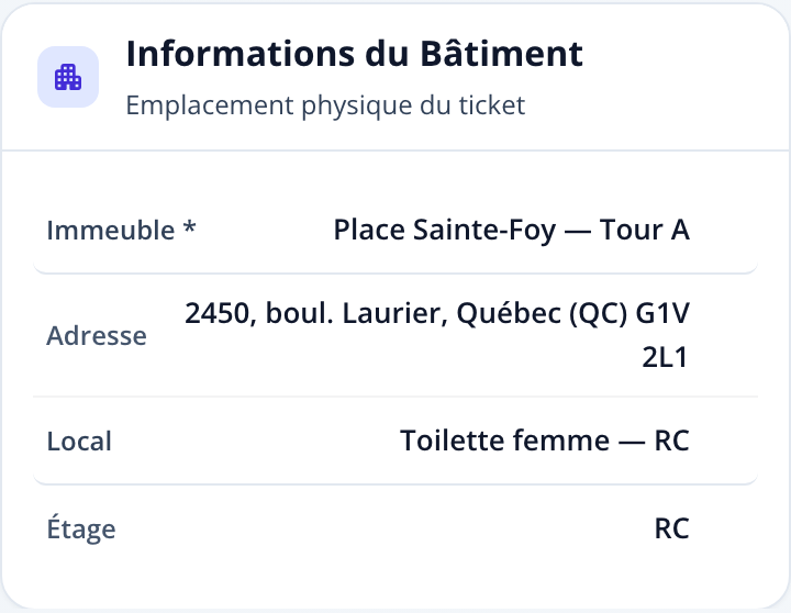 Capture: section « Informations du Bâtiment »; Immeuble, Adresse, Local et Étage.