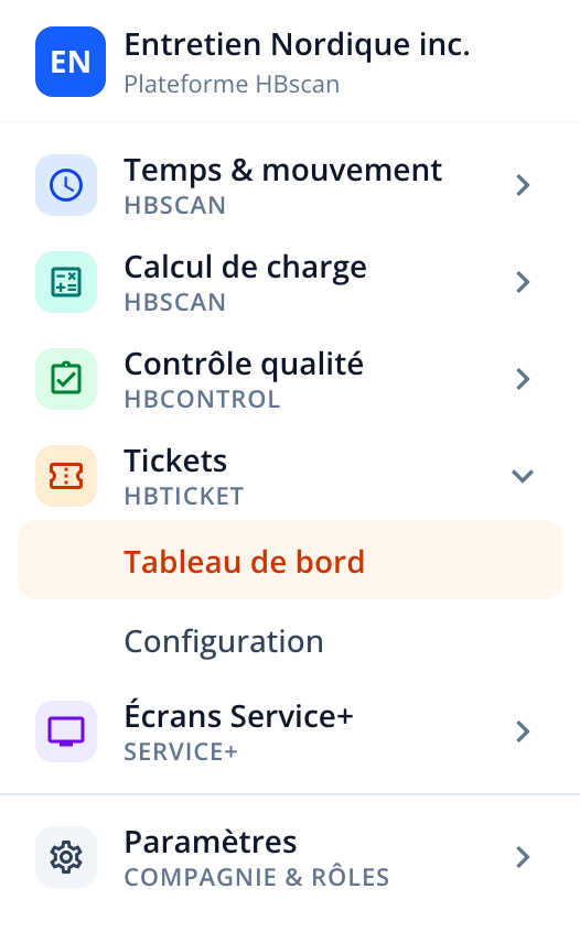 Capture: barre latérale du portail, module Tickets déplié avec ses sections Tableau de bord (surlignée) et Configuration.